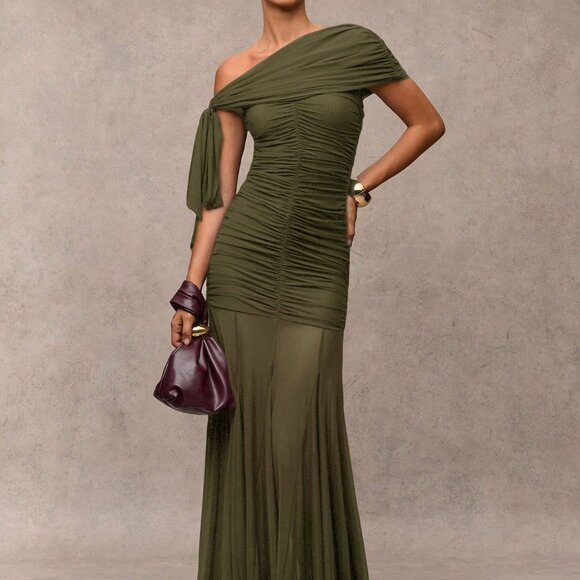Army Green Elegant Women's Ruched Asymmetric Dress - Picture 3 of 8
